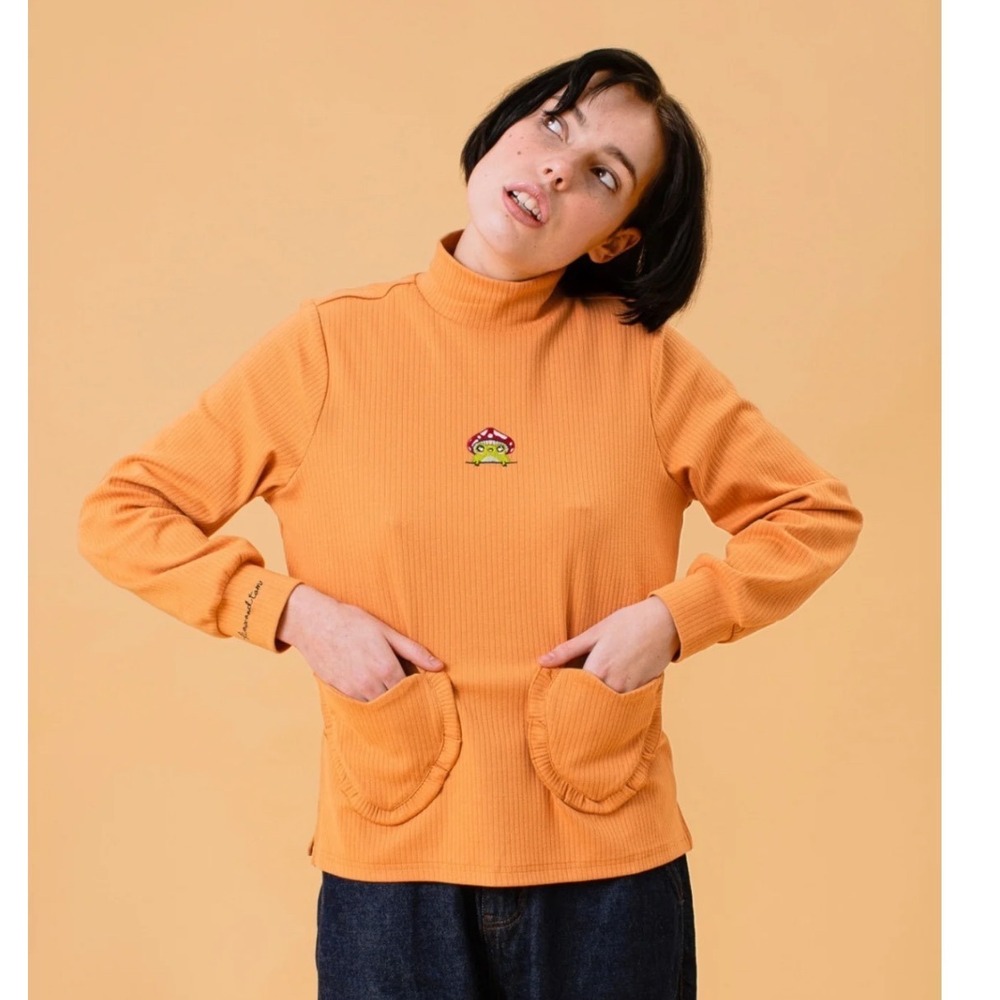 Kina and Tam Women's The Toadstool Top Ribbed Mock‎ Neck Pocket Orange- Size S